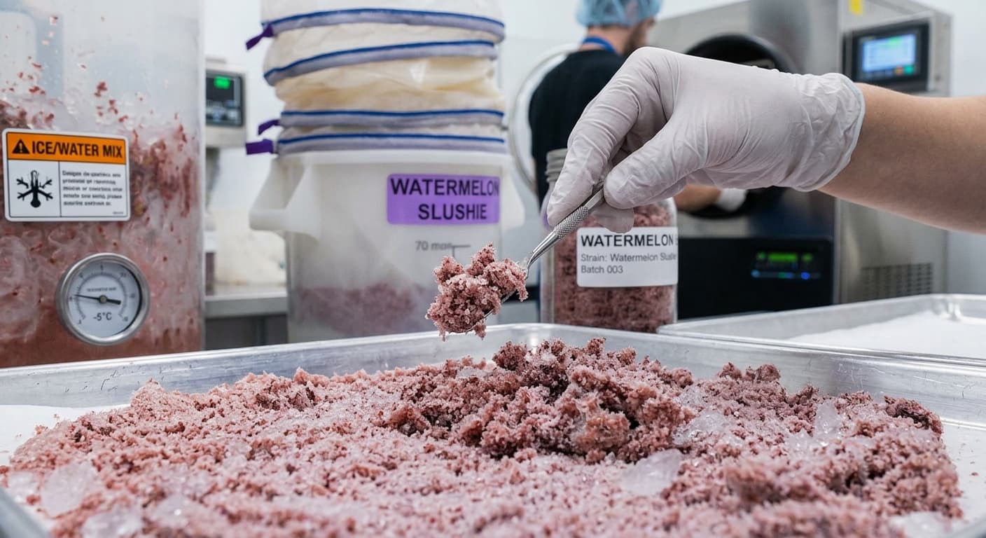 Watermelon Slushie - ice water extraction Watermelon Slushie material being processed in an extraction lab